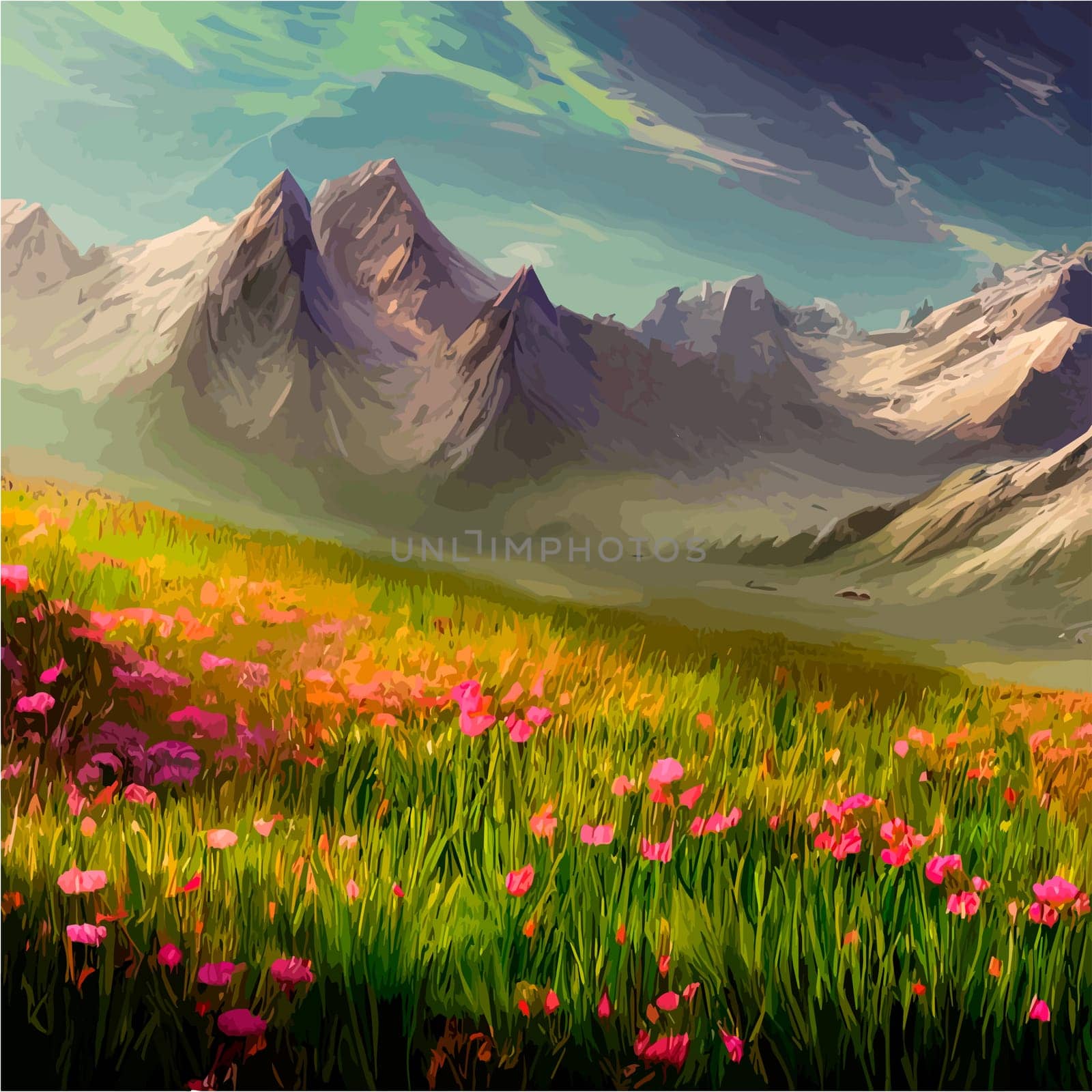 Spring landscape in village with green field and sunset, flat cartoon countryside with mountain and forest, blue sky, natural scene in countryside, sunny day summer