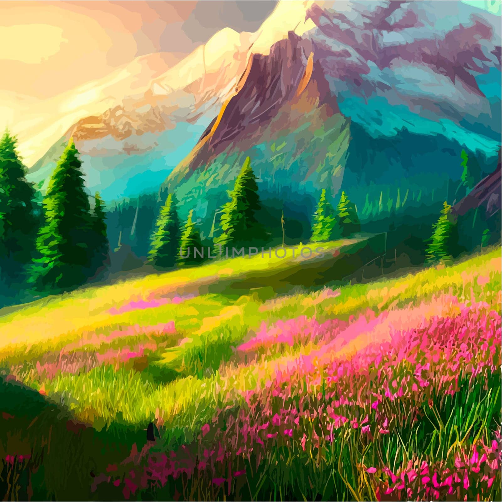 Spring landscape in village with green field and sunset, flat cartoon countryside with mountain and forest, blue sky, natural scene in countryside, sunny day summer