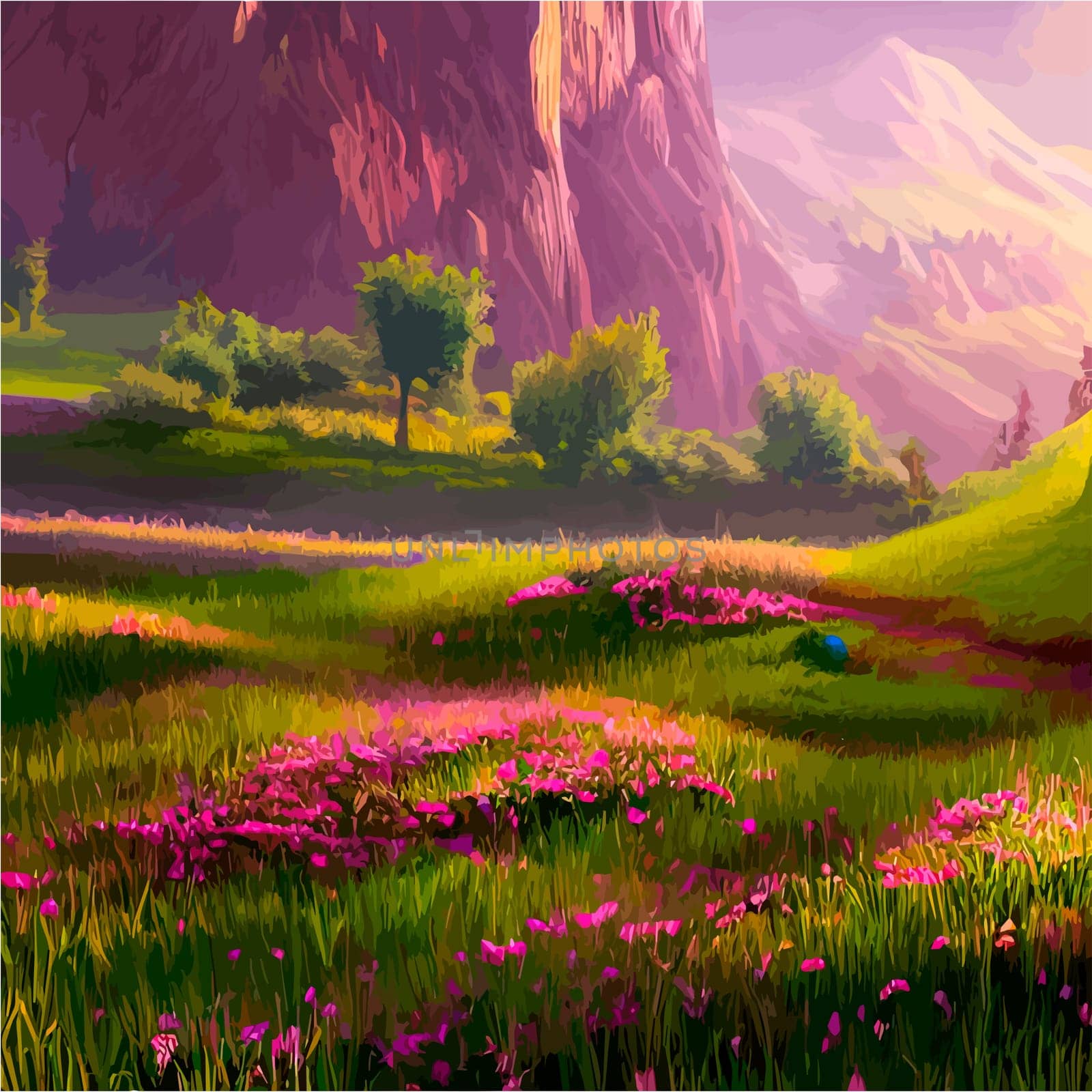 Spring landscape in village with green field and sunset, flat cartoon countryside with mountain and forest, blue sky, natural scene in countryside, sunny day summer