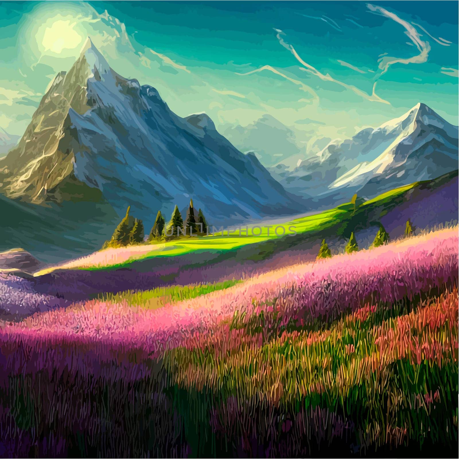 Spring landscape in village with green field and sunset, flat cartoon countryside with mountain and forest, blue sky, natural scene in countryside, sunny day summer