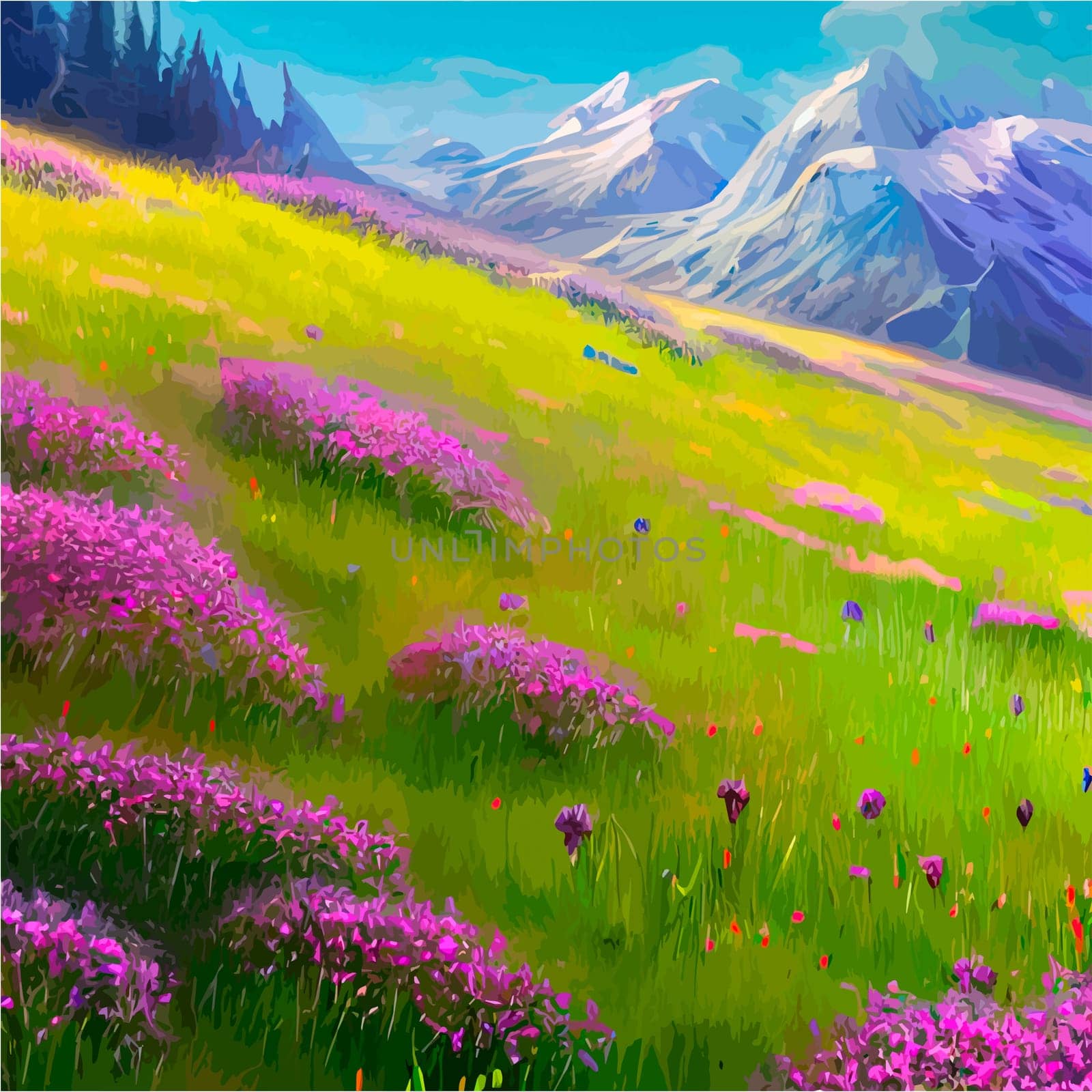 Spring landscape in village with green field and sunset, flat cartoon countryside with mountain and forest, blue sky, natural scene in countryside, sunny day summer