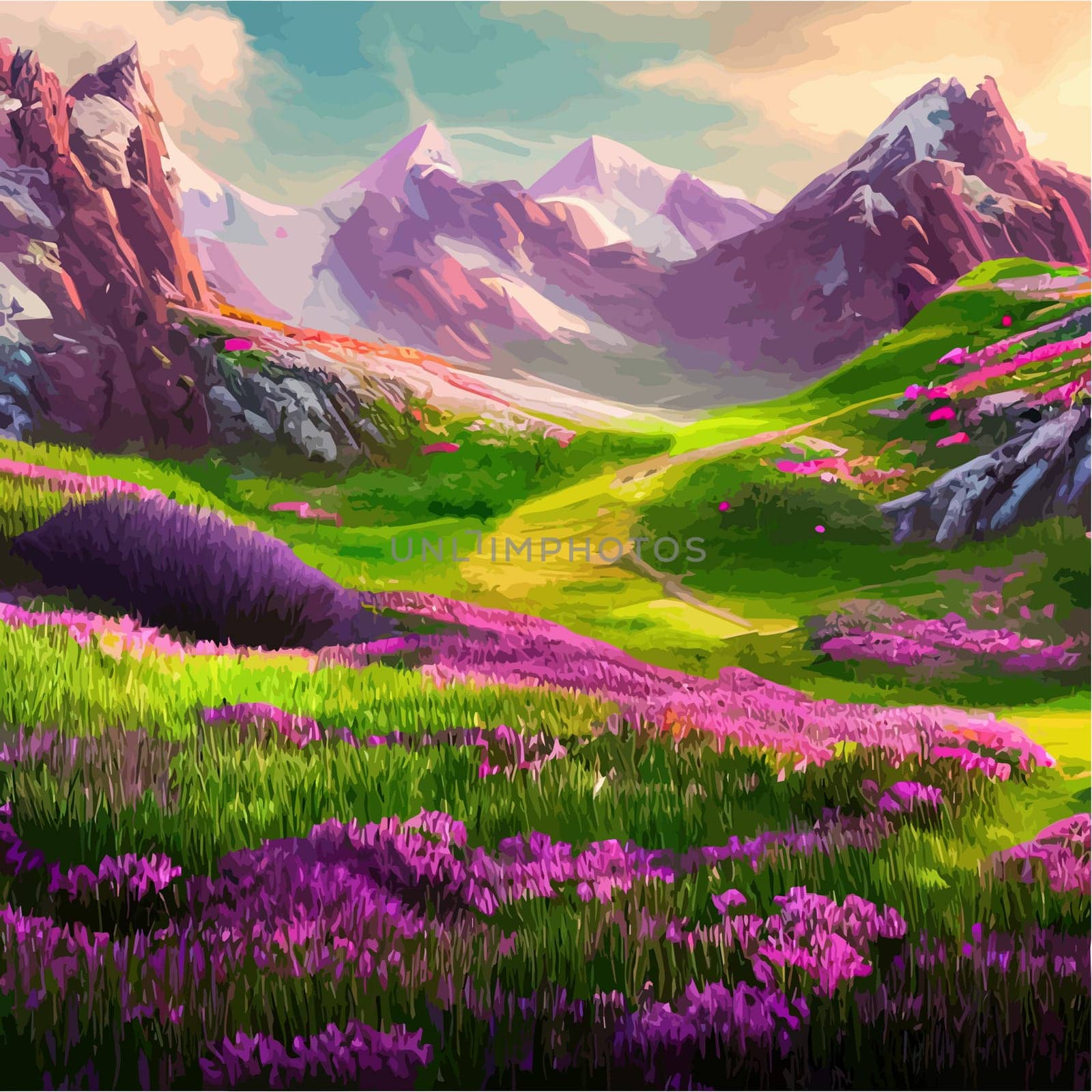 Spring landscape in village with green field and sunset, flat cartoon countryside with mountain and forest, blue sky, natural scene in countryside, sunny day summer. by kasynets_olena