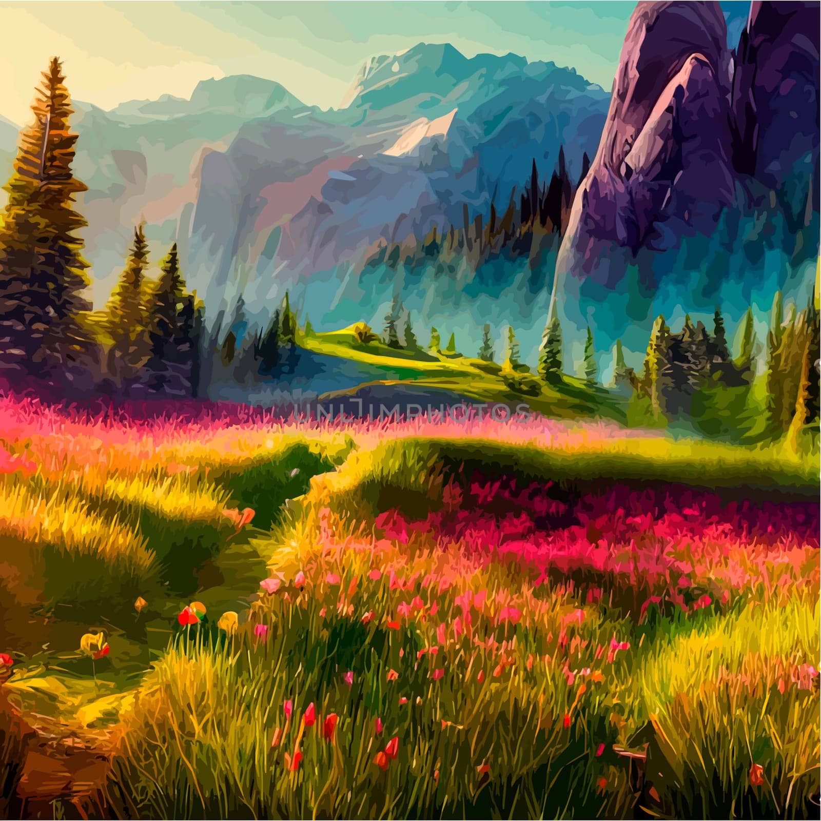 Spring landscape in village with green field and sunset, flat cartoon countryside with mountain and forest, blue sky, natural scene in countryside, sunny day summer