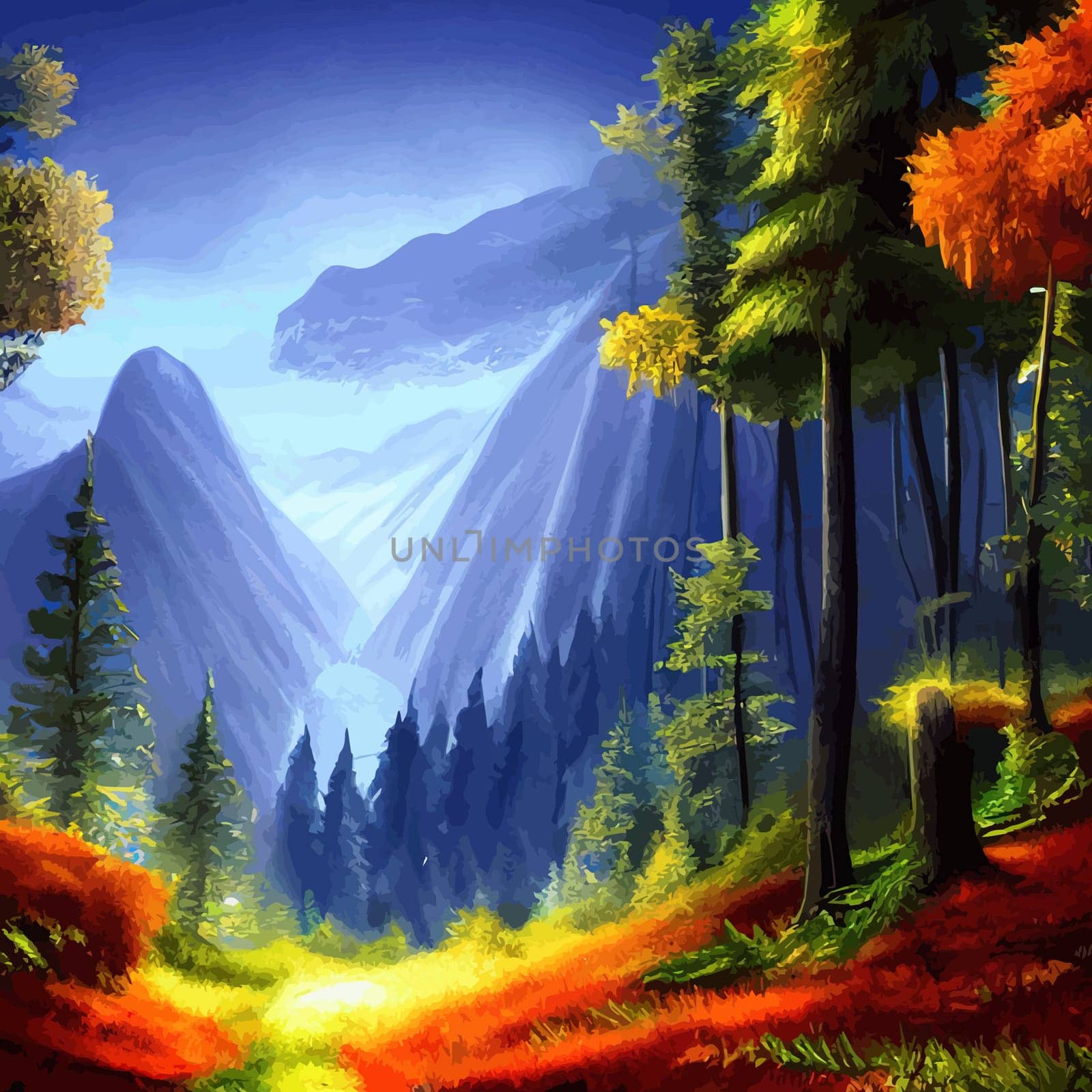 Nature and landscape. illustration trees, forests, mountains, plants. Image for background, card or cover by kasynets_olena