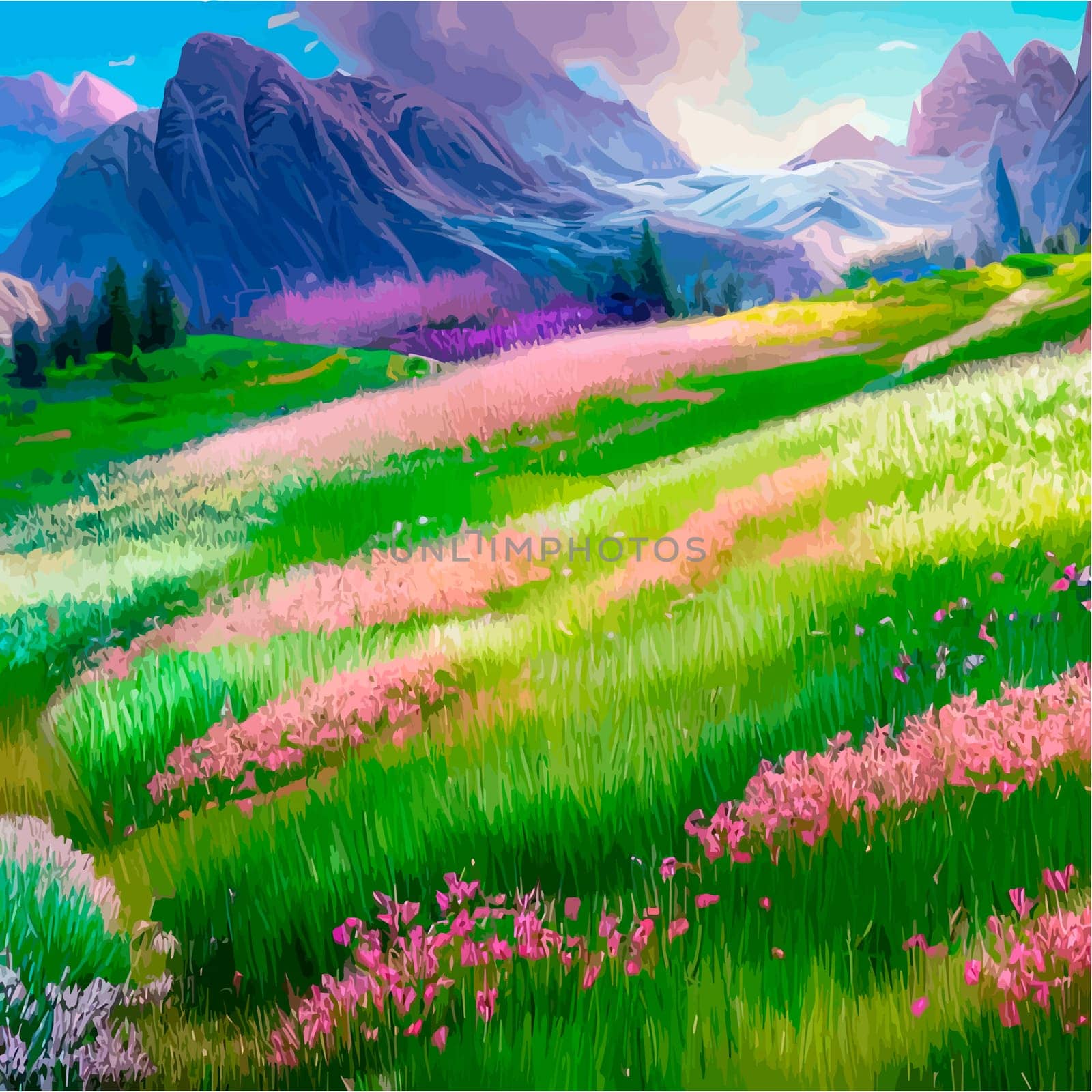 Spring landscape in village with green field and sunset, flat cartoon countryside with mountain and forest, blue sky, natural scene in countryside, sunny day summer