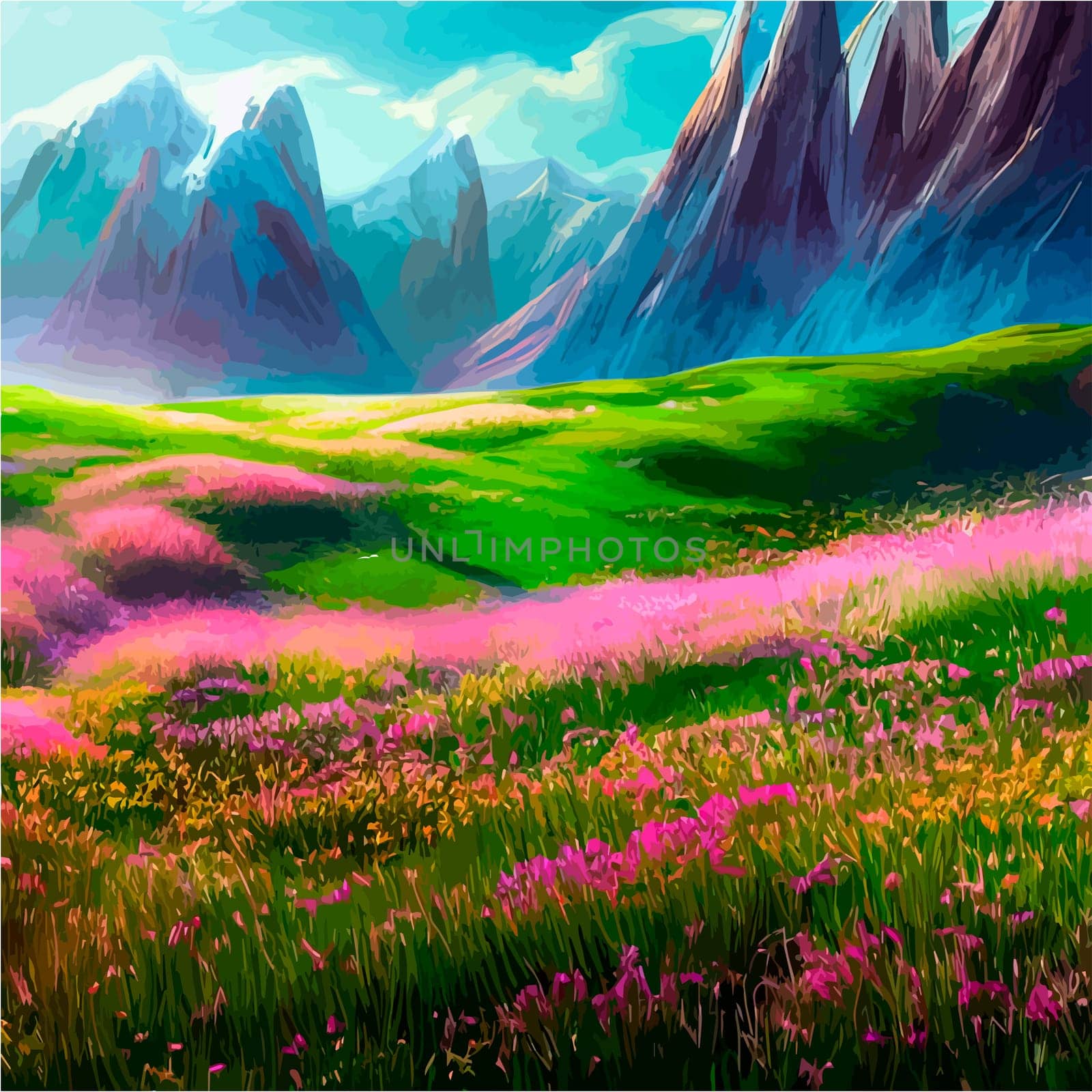 Spring landscape in village with green field and sunset, flat cartoon countryside with mountain and forest, blue sky, natural scene in countryside, sunny day summer