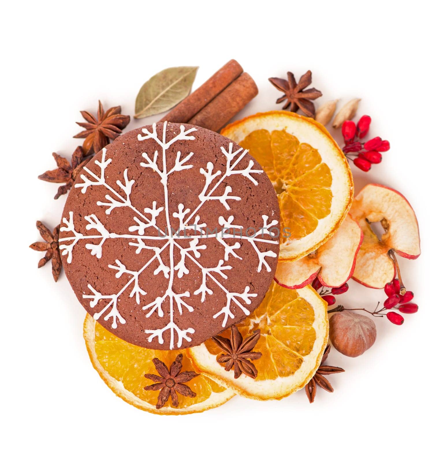 Everything for making Christmas cookies - cinnamon, barberry, anise, nuts, apples and dried orange by aprilphoto