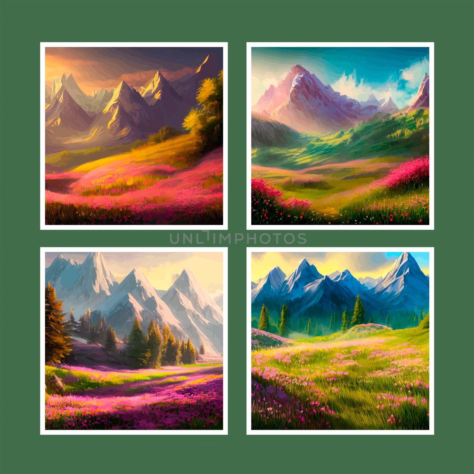 Spring landscape in village with green field and sunset set of four posters, flat cartoon countryside with mountain and forest, blue sky, natural countryside scene, sunny day summer. by kasynets_olena