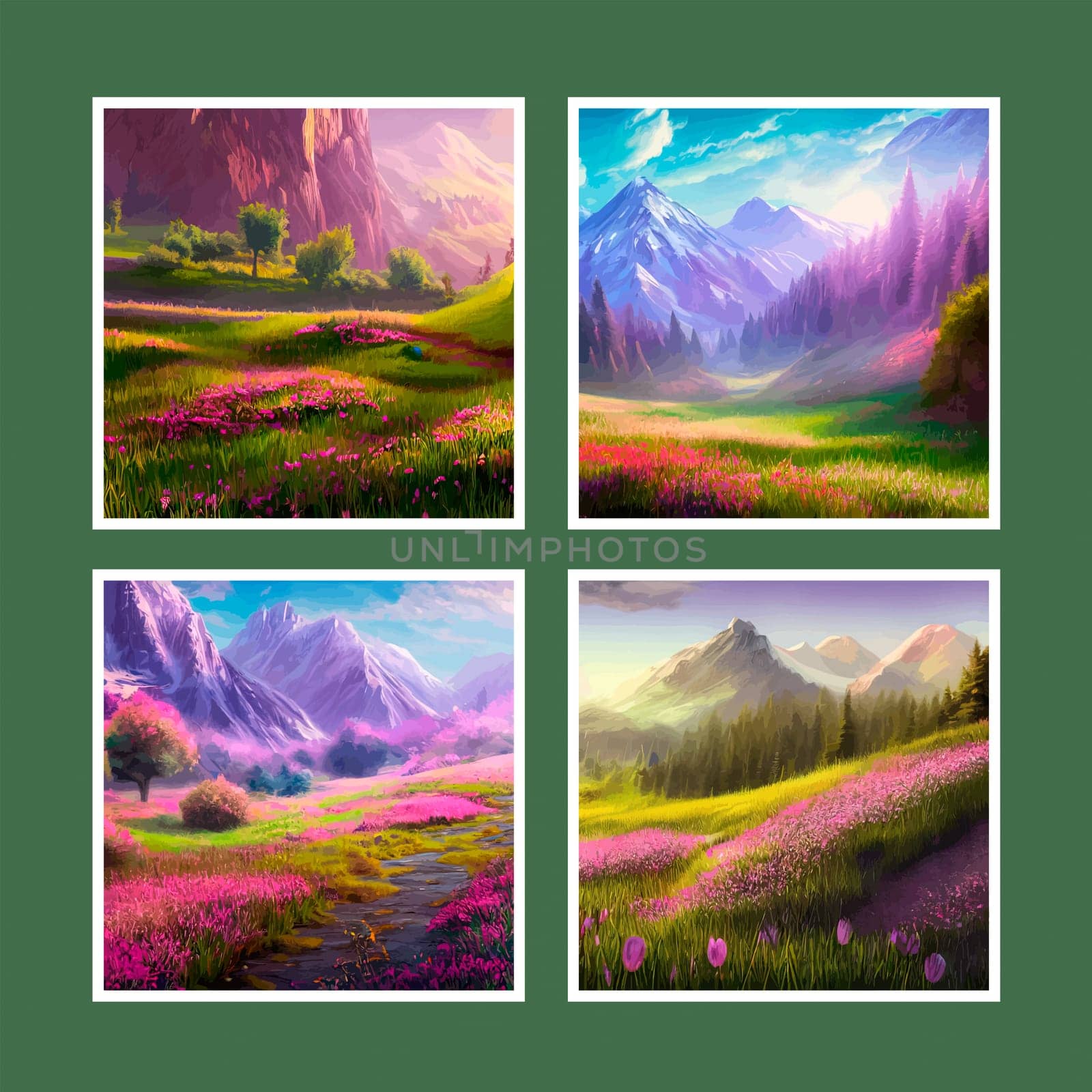 Spring landscape in village with green field and sunset set of four posters, flat cartoon countryside with mountain and forest, blue sky, natural countryside scene, sunny day summer