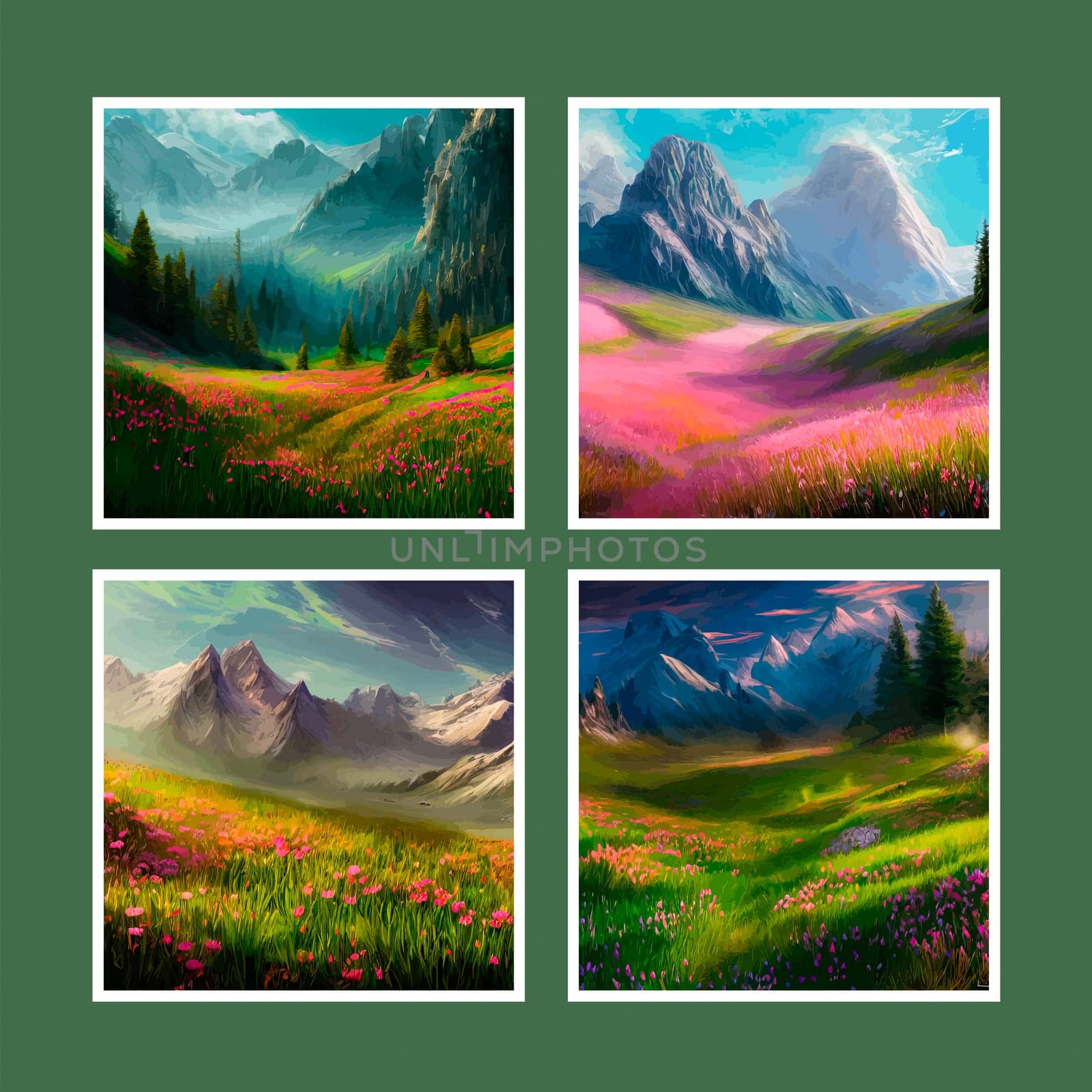 Spring landscape in village with green field and sunset set of four posters, flat cartoon countryside with mountain and forest, blue sky, natural countryside scene, sunny day summer