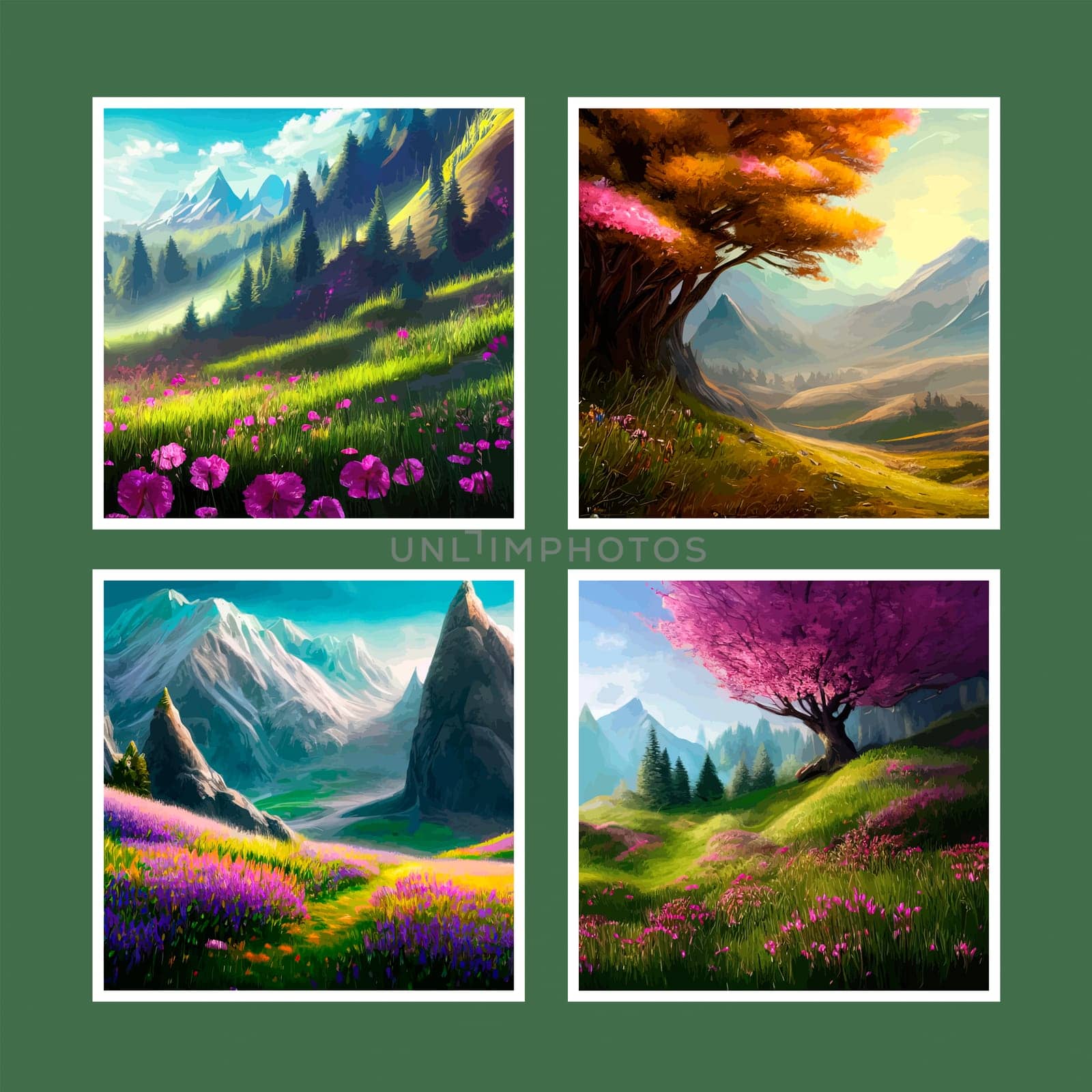 Spring landscape in village with green field and sunset set of four posters, flat cartoon countryside with mountain and forest, blue sky, natural countryside scene, sunny day summer. by kasynets_olena