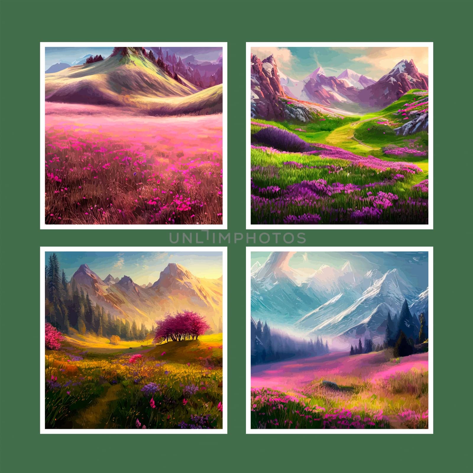Spring landscape in village with green field and sunset set of four posters, flat cartoon countryside with mountain and forest, blue sky, natural countryside scene, sunny day summer. by kasynets_olena