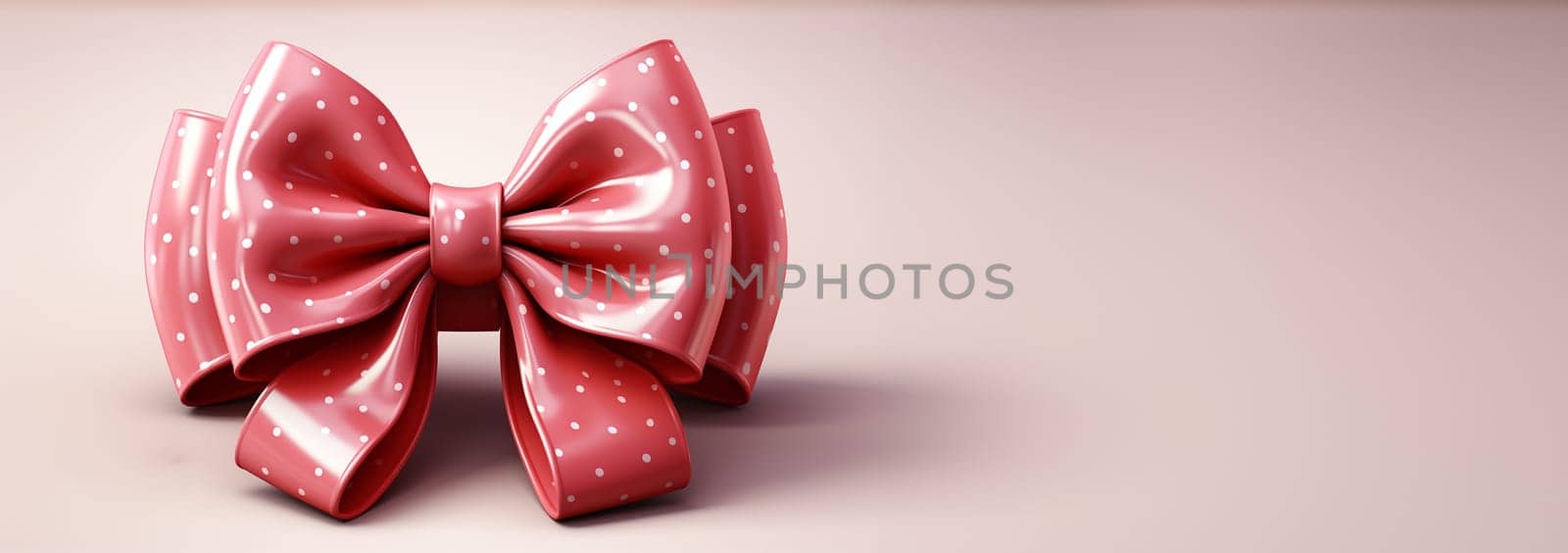3d pastel pink ribbon bow with white dots isolated on a pink background. 3d render flying modern holiday open surprise box. Realistic icon for present,girls, birthday or wedding banners Copy space Space for text