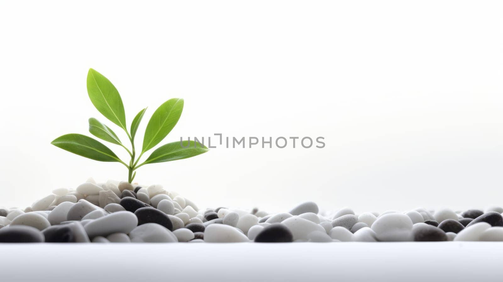 a small plant growing amidst a pile of white and gray stones, symbolizing the resilience and beauty of nature in overcoming adversity. High quality photo