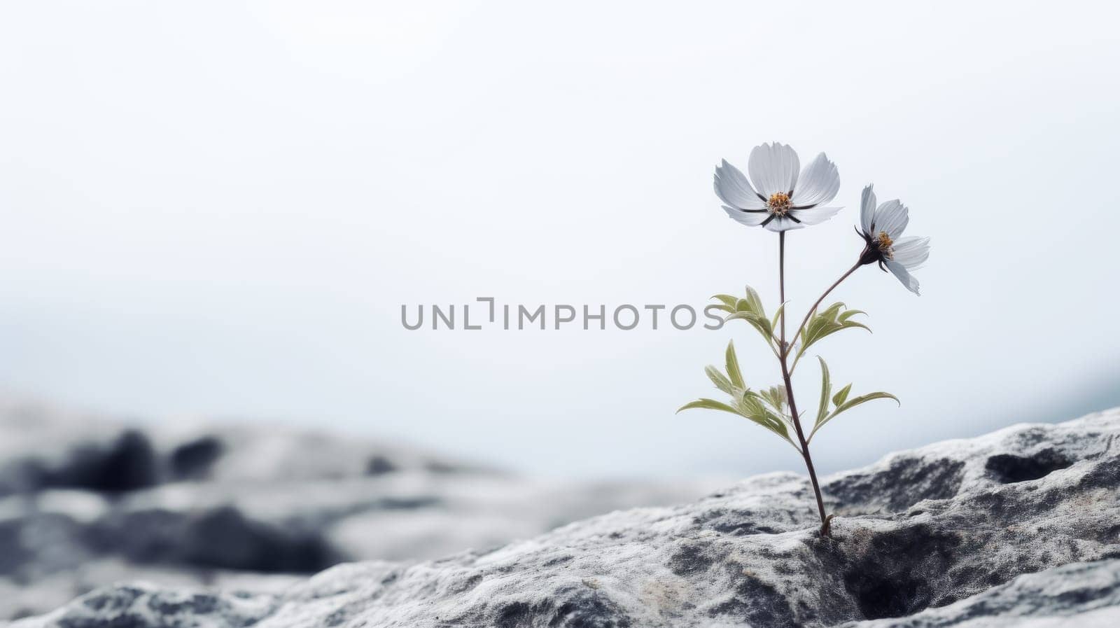 a white flower emerging from a rock, symbolizing resilience, strength, and the beauty of nature amidst adversity. High quality photo