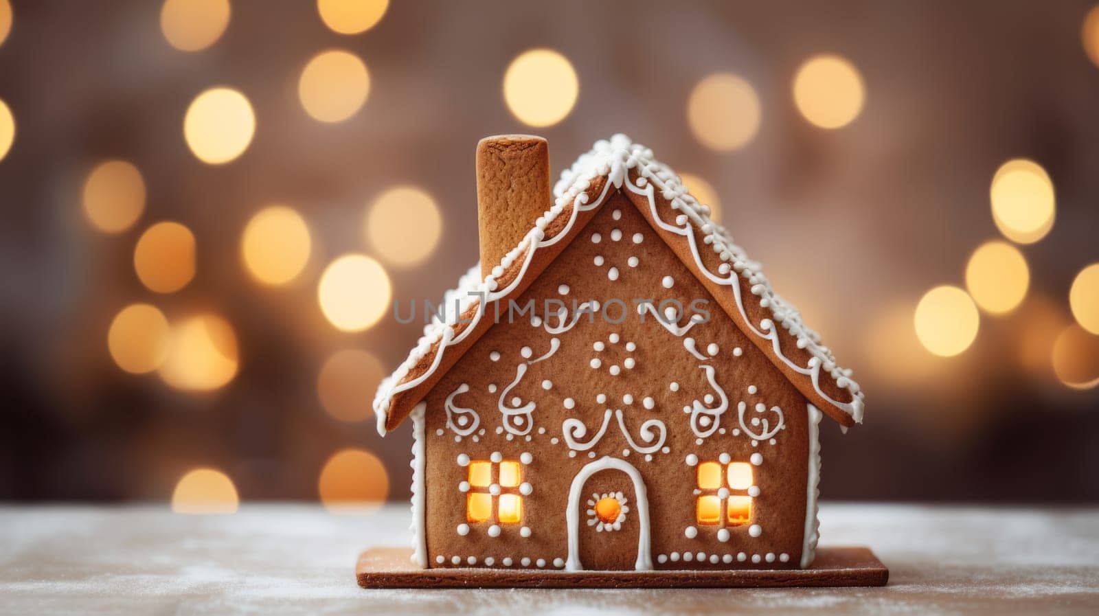 gingerbread house with a bokeh background.decorated with icing and candy.evokes the spirit of Christmas, winter, and home. High quality photo