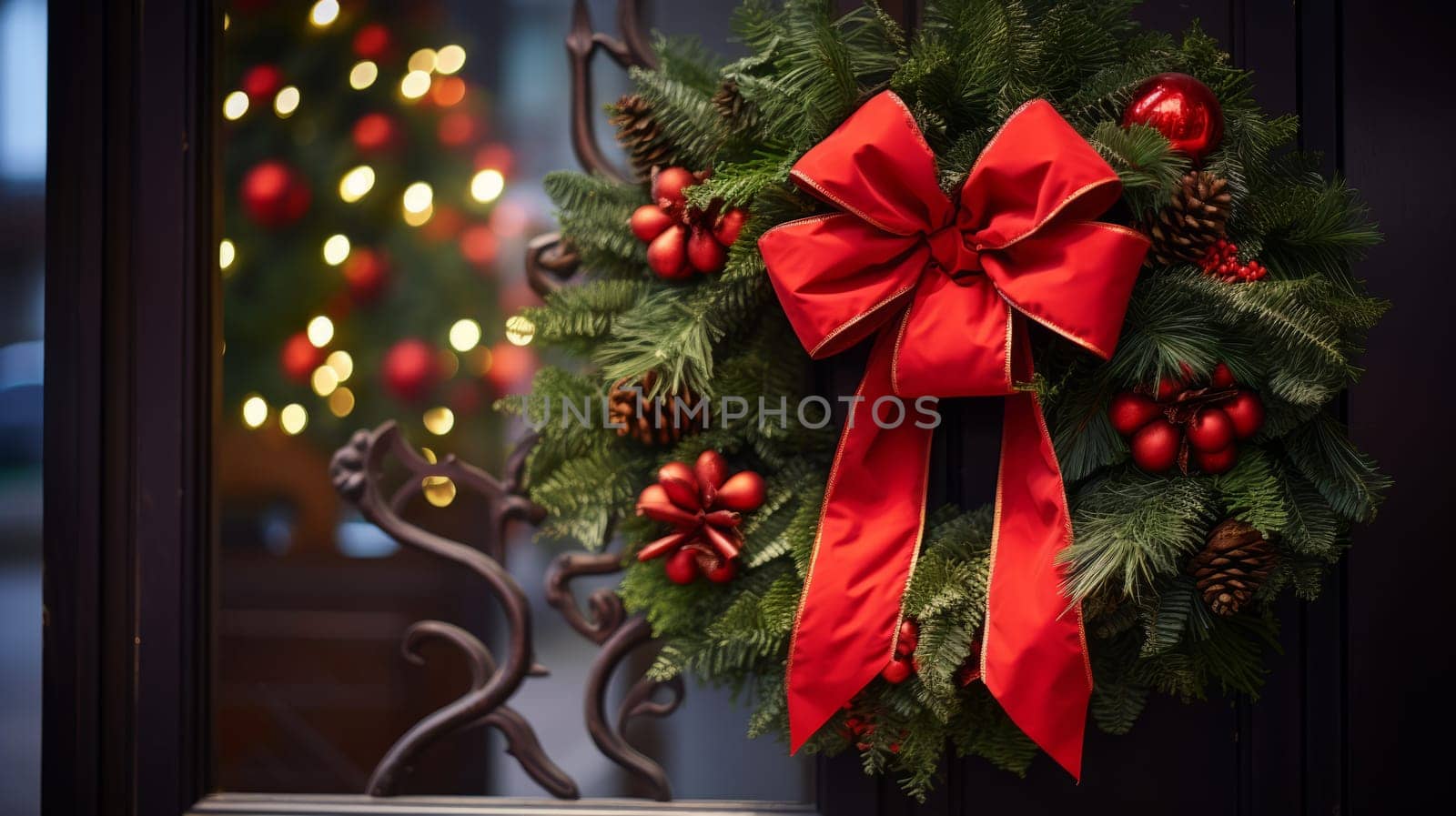 Christmas wreath with a red bow hanging on a window with a Christmas tree in the background. It is a festive decoration that symbolizes the holiday season. High quality photo