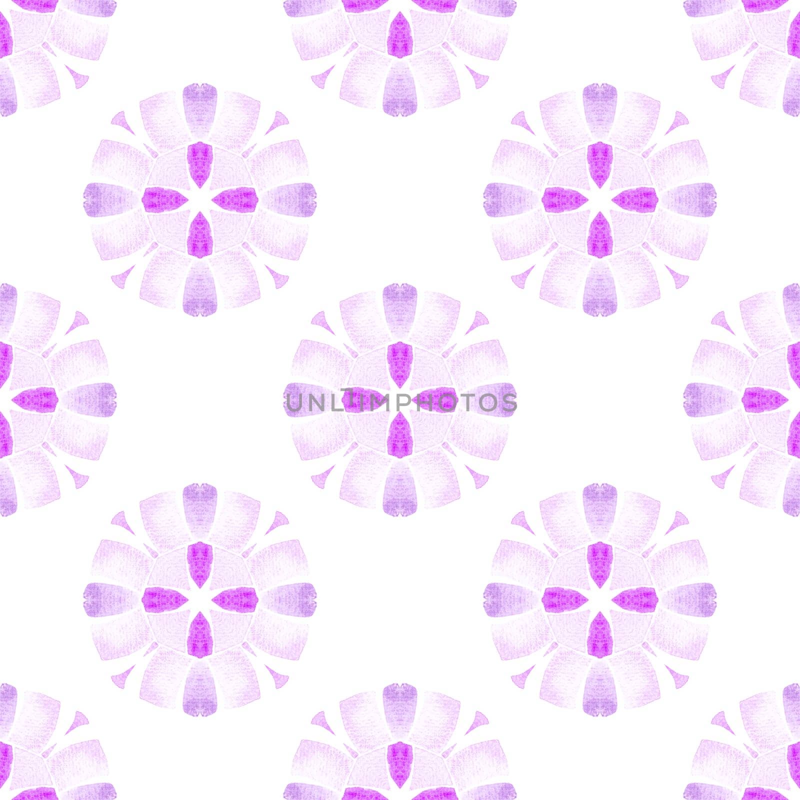 Medallion seamless pattern. Purple lively boho chic summer design. Watercolor medallion seamless border. Textile ready dramatic print, swimwear fabric, wallpaper, wrapping.