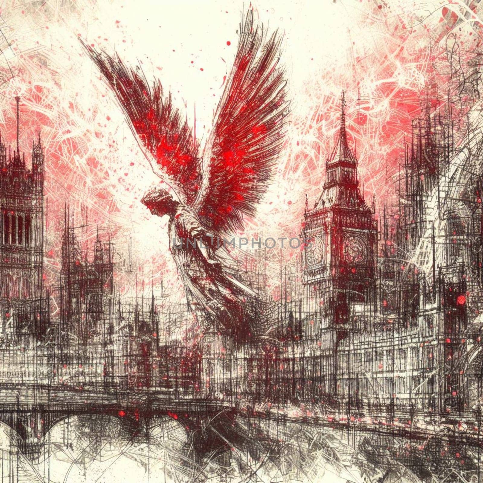protective guarding angel over a cityscape red black drawing art generative ai art