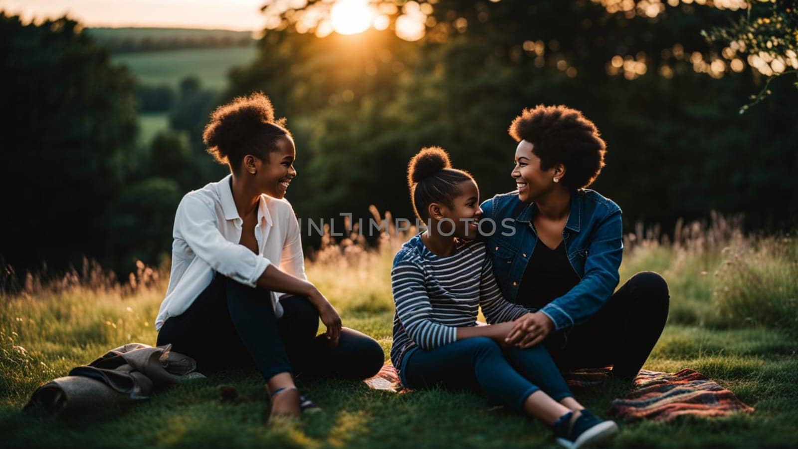 Modern contemporary mixed race open family enjoying outdoors in middle season at sunset by verbano