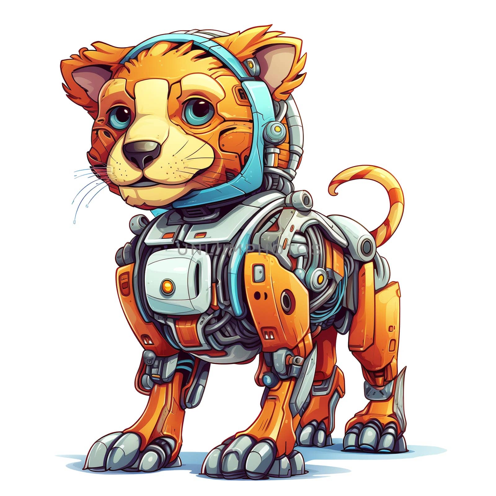 Cartoon lion robots. T-Shirt, Sticker. Funny cyborg. AI Generated