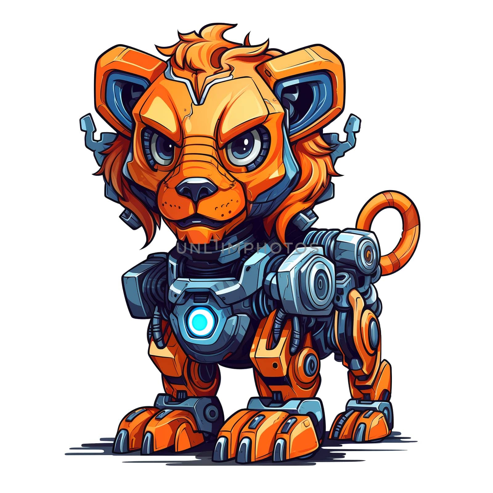 Cartoon lion robots. T-Shirt, Sticker. Funny cyborg. AI Generated