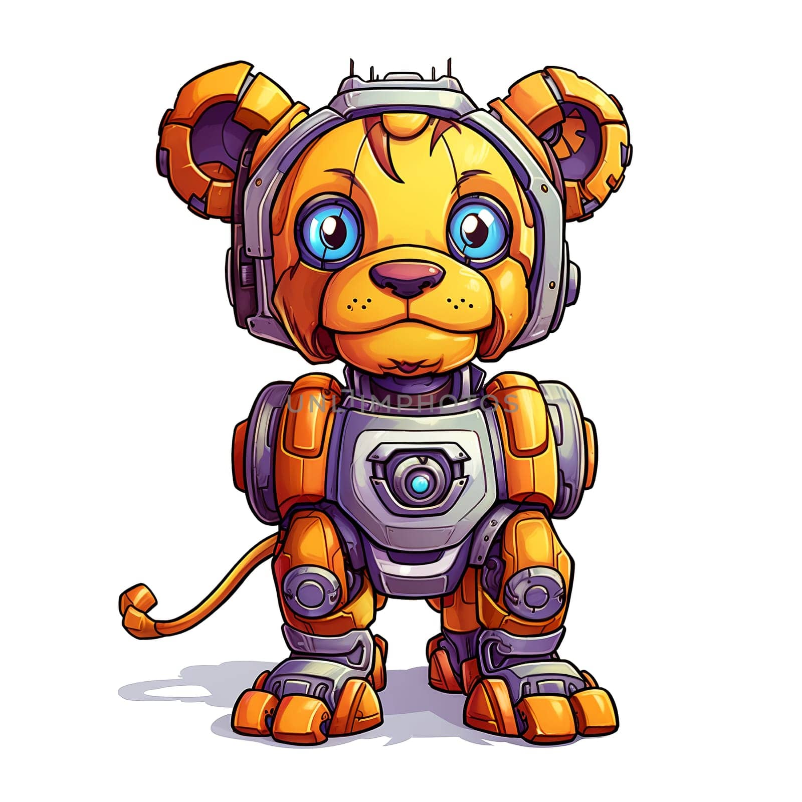 Cartoon lion robots. T-Shirt, Sticker. Funny cyborg. AI Generated