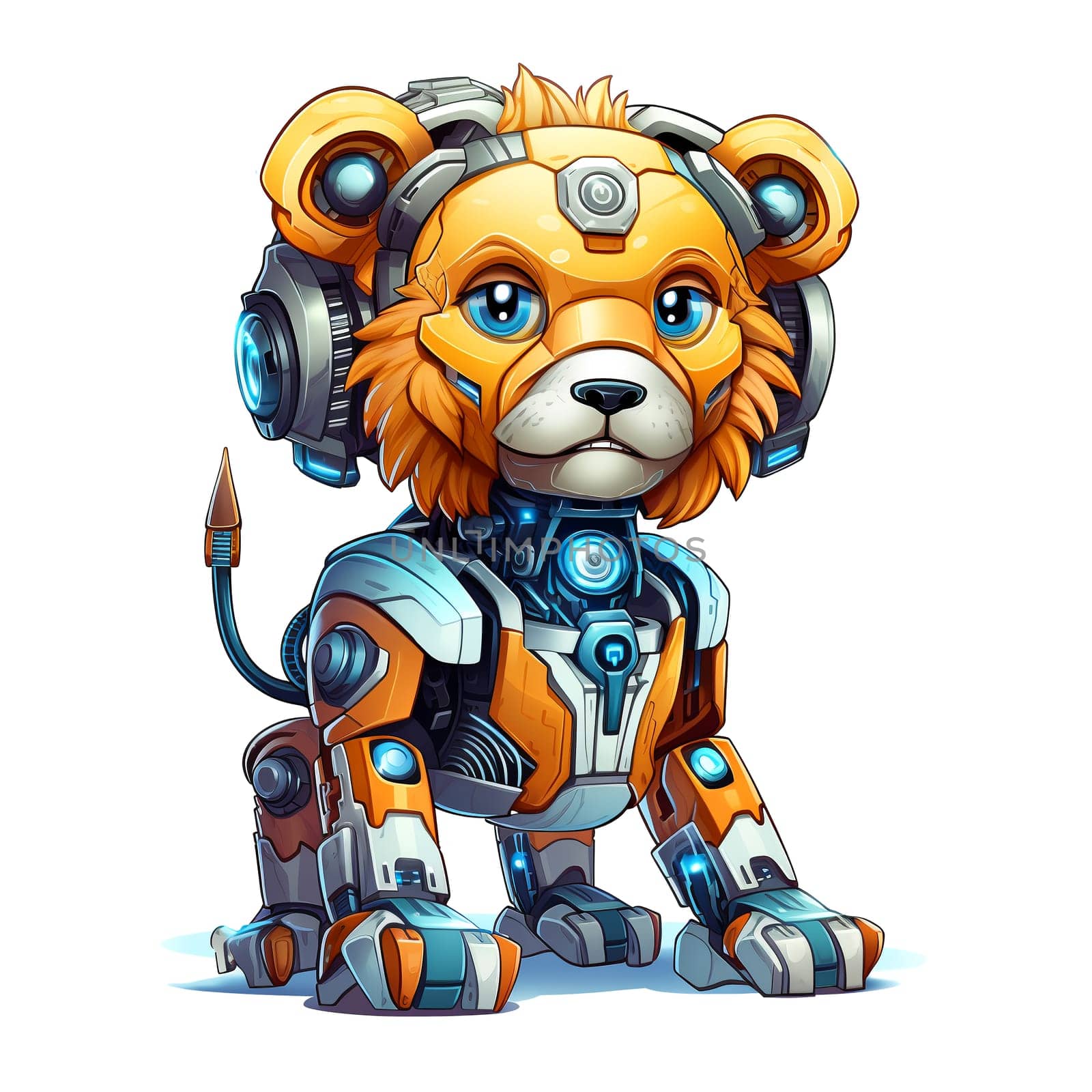 Cartoon lion robots. T-Shirt, Sticker. Funny cyborg. AI Generated