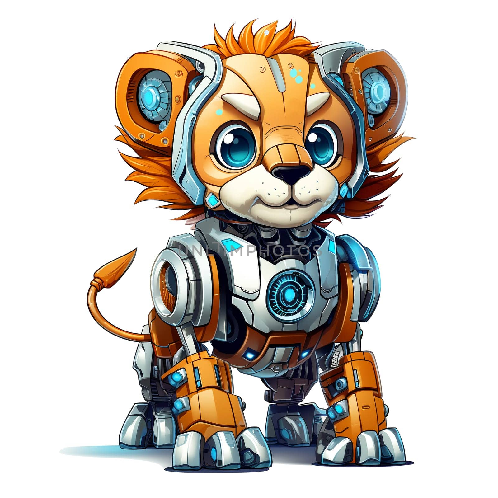 Cartoon lion robots. T-Shirt, Sticker. Funny cyborg. AI Generated