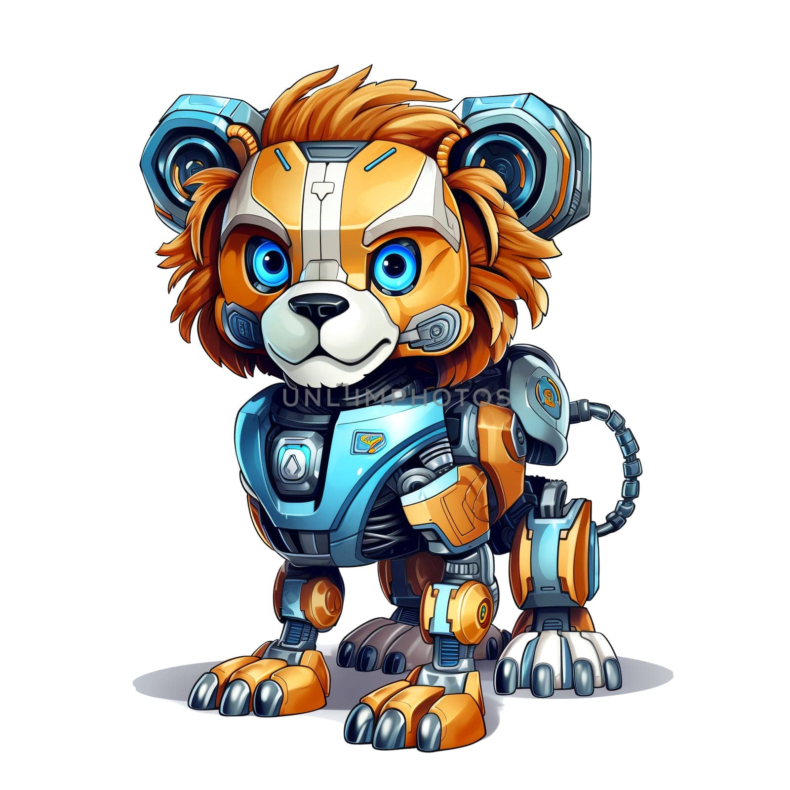 Cartoon lion robots. T-Shirt, Sticker. Funny cyborg. AI Generated