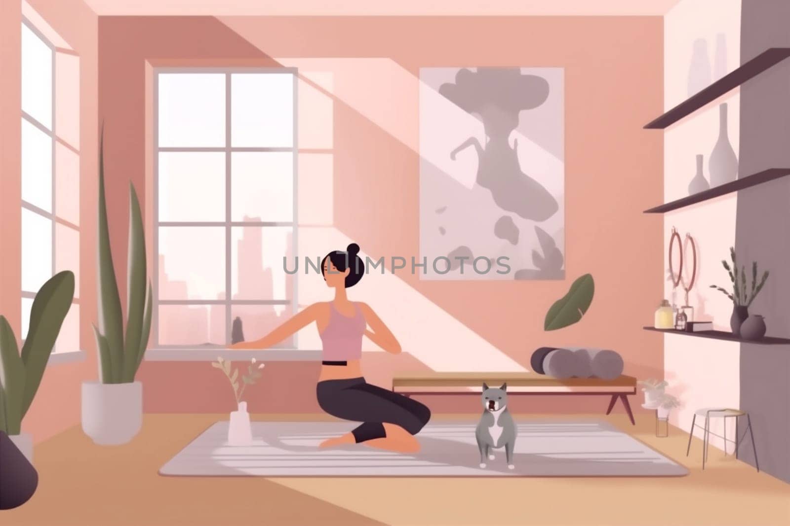fitness dog woman home cartoon relaxation body yoga sport lifestyle training. Generative AI. by Vichizh