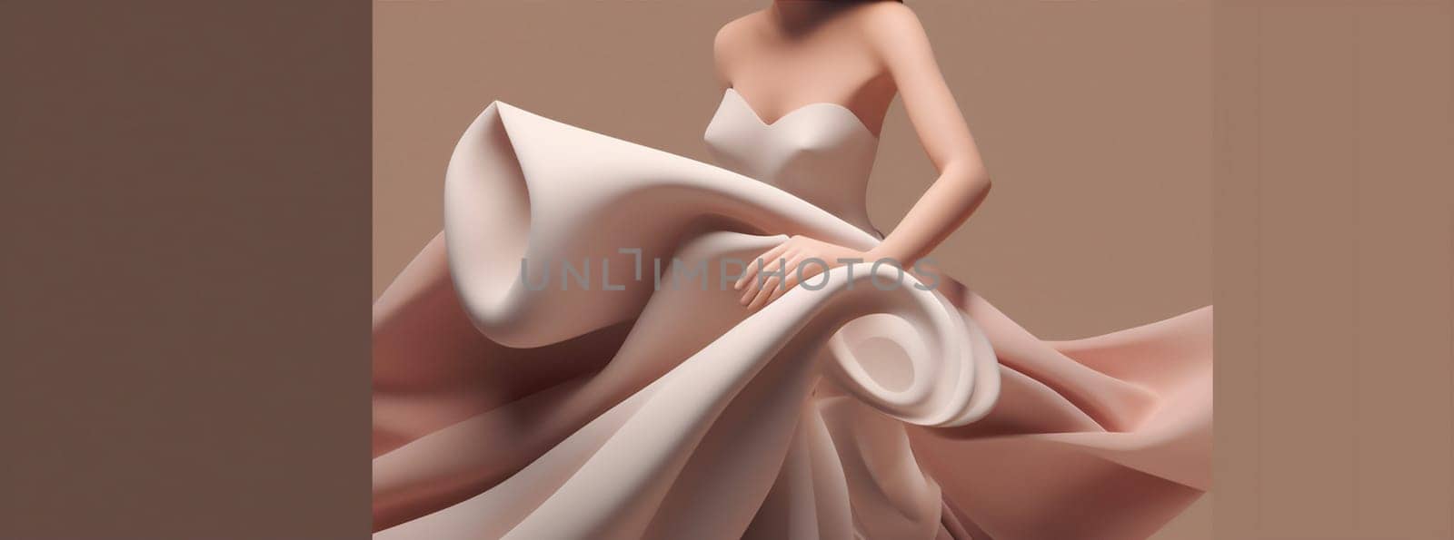 woman long young art flowing model background beauty wind person flower beautiful gown pink waving fashion flying dress fabric beige girl lady. Generative AI.