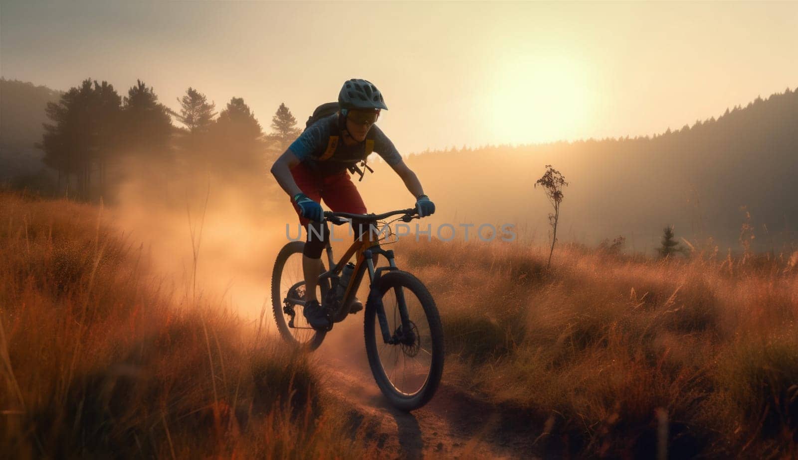 woman walking summer sunset bike recreation sport dark forest bicycle cycling. Generative AI. by Vichizh