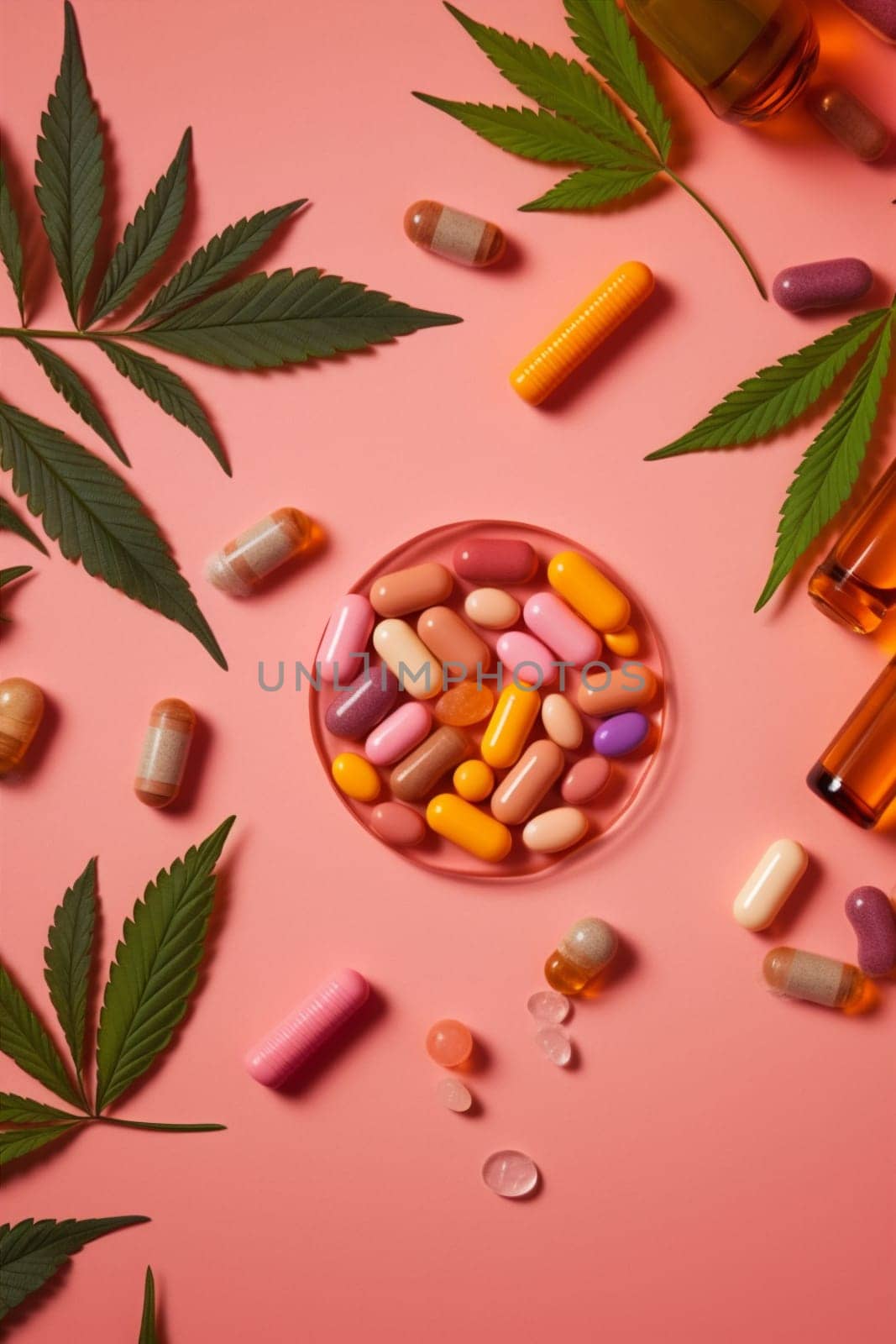 herb oil capsule cannabis plant leaf herbal medicine natural pill. Generative AI. by Vichizh