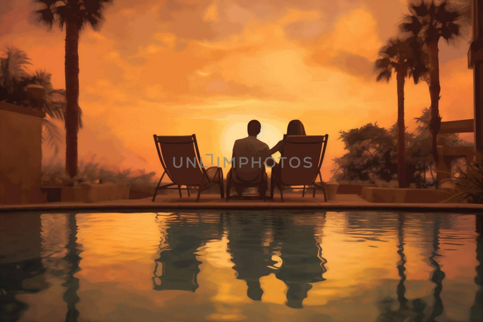 relax travel honeymoon pool vacation back swimming couple romantic sunset. Generative AI. by Vichizh