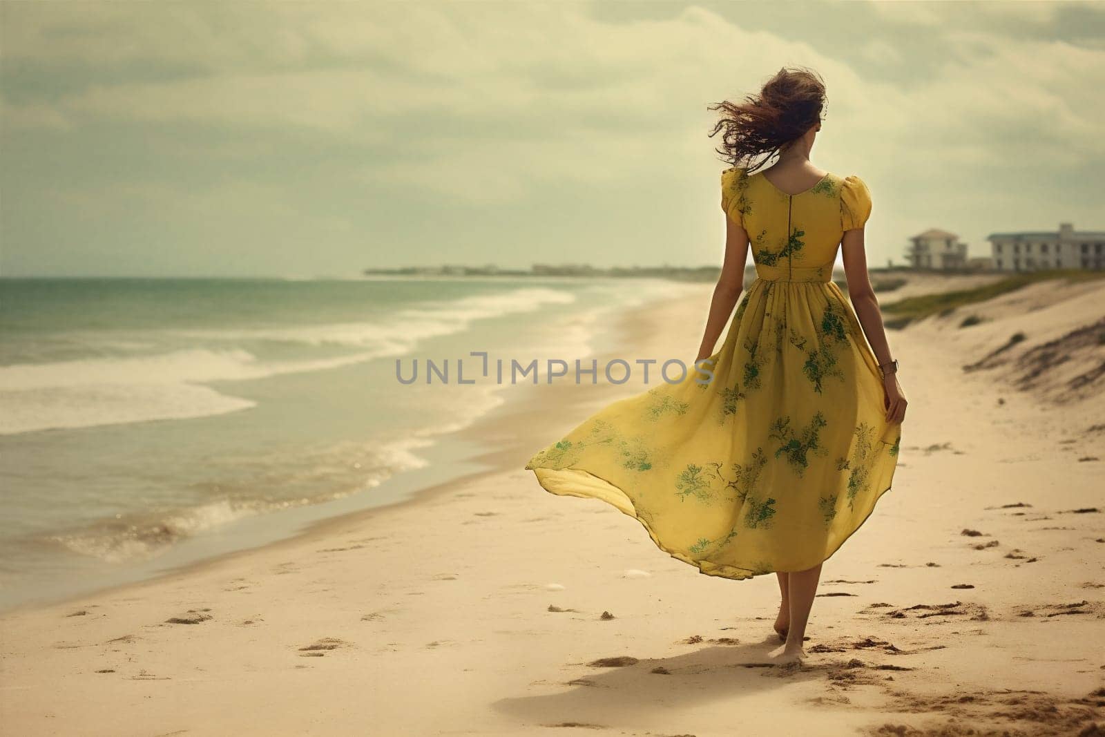 lifestyle woman beach paradise fashion hippie person sea beautiful dress summer. Generative AI. by Vichizh