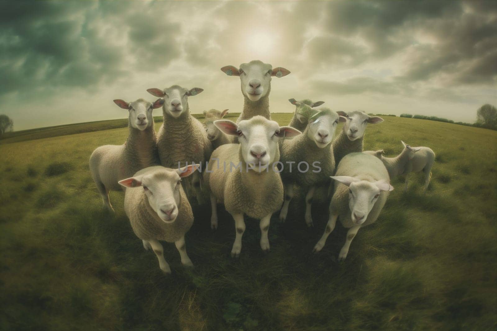 sun field lamb wool animal farm green grass meadow sheep. Generative AI. by Vichizh