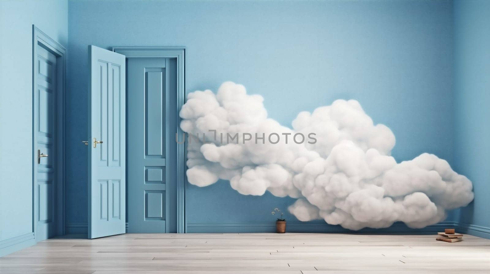 cylinder door pedestal showcase minimal blue stage cloud room abstract. Generative AI. by Vichizh