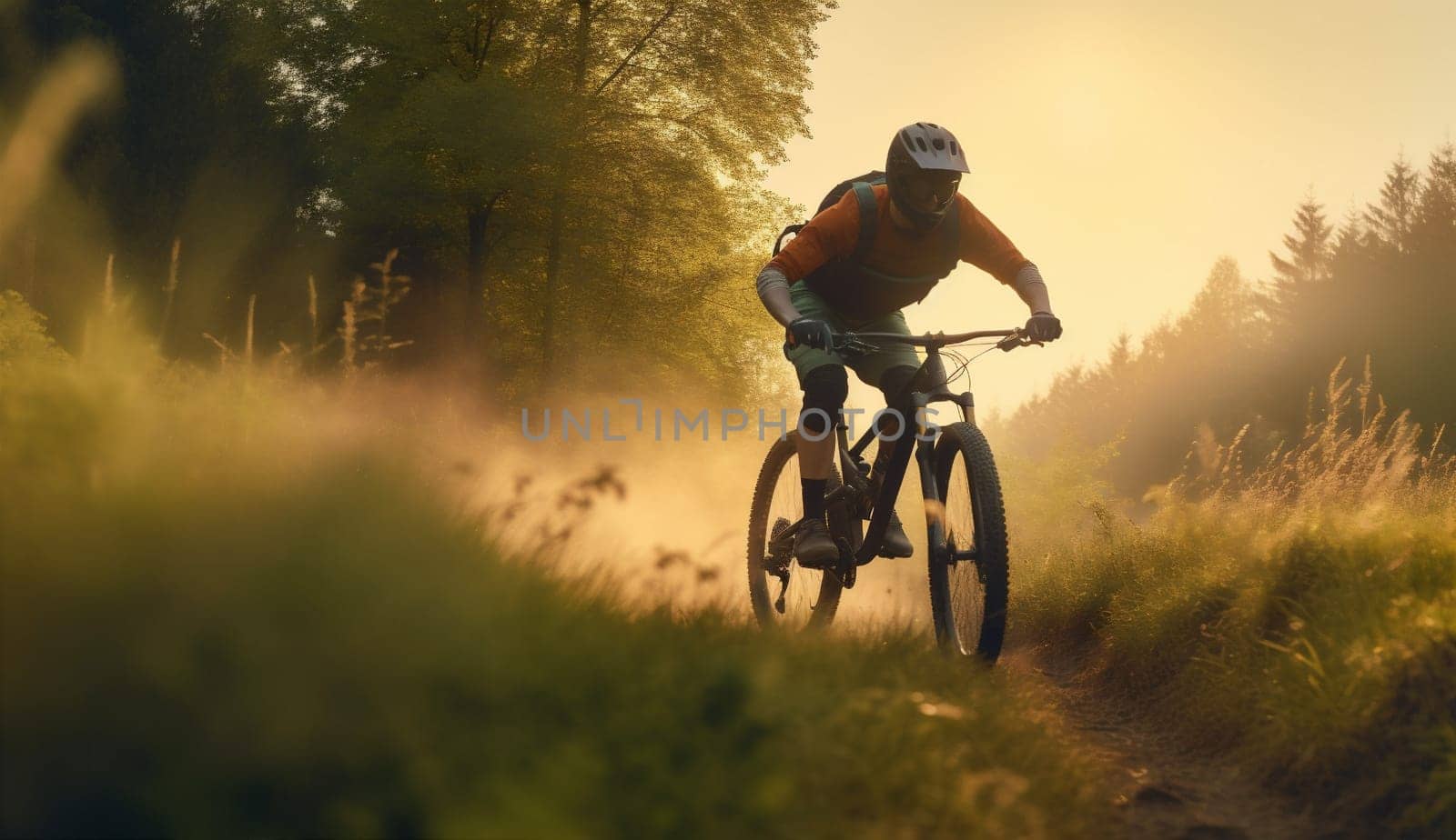 woman bike bicycle summer walking forest sunset path cycling dark sport. Generative AI. by Vichizh