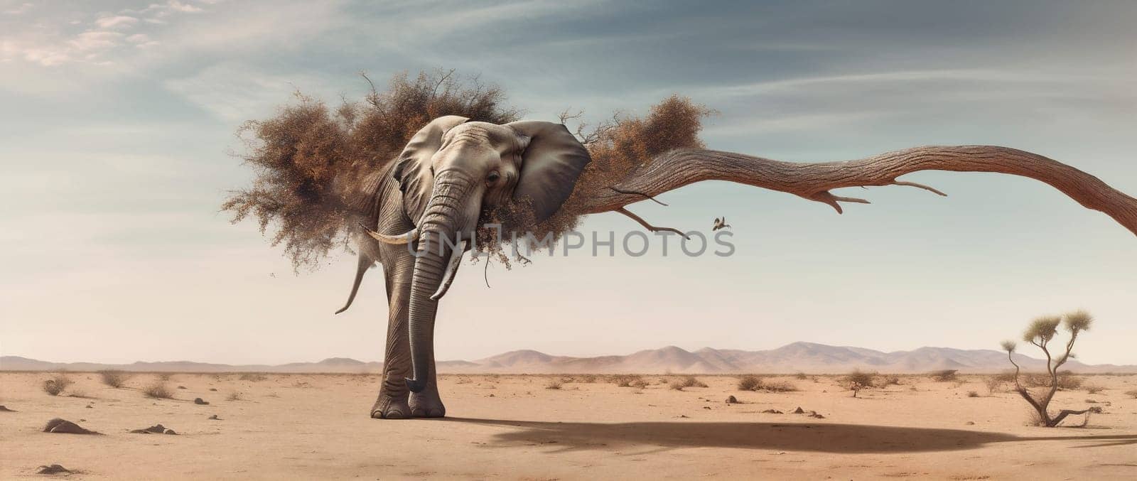 elephant stability dream surrealism surreal tree solitude concept impossible nature. Generative AI. by Vichizh