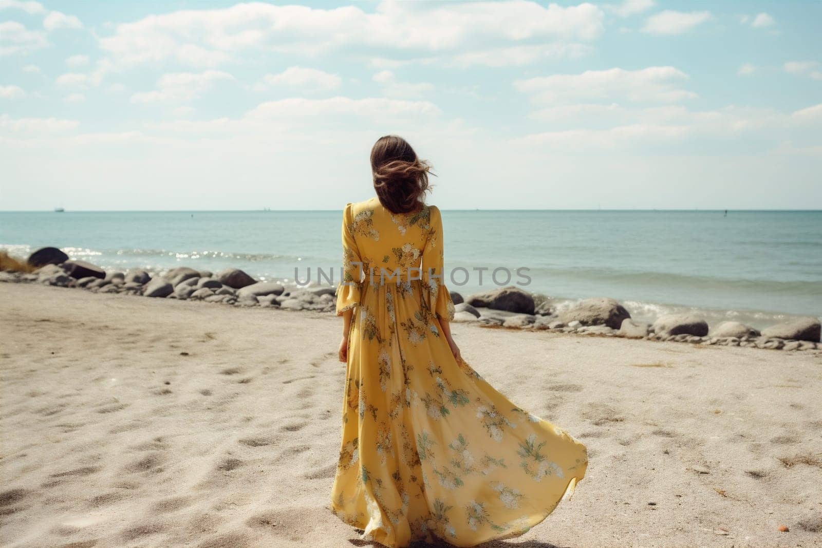 outdoor woman beach hippie sun sunlight summer outfit slim gypsy holiday fashion sea hat yellow vacation beautiful dress lifestyle person floral. Generative AI.