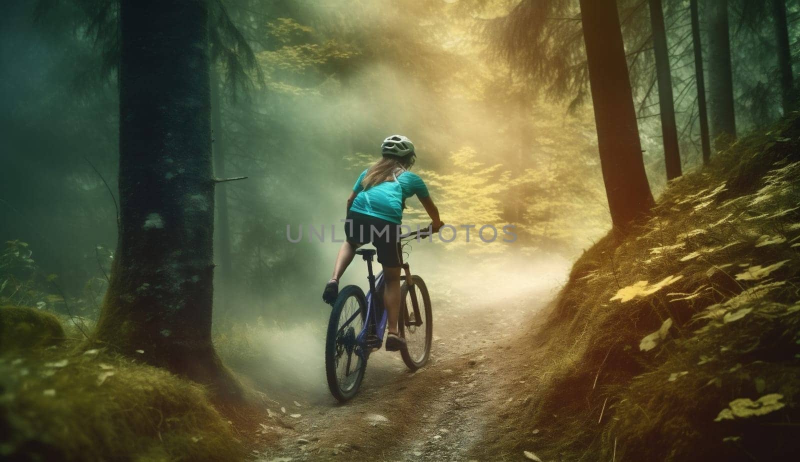 bike woman sunset cycling forest bicycle green sport summer dark walking. Generative AI. by Vichizh