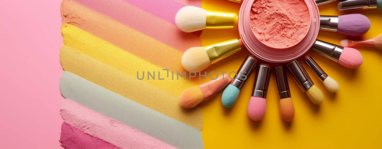 object advertising pink decorative product makeup concept brush beauty accessory cosmetic layout background white glamour colours fashion group online facial feminine. Generative AI.