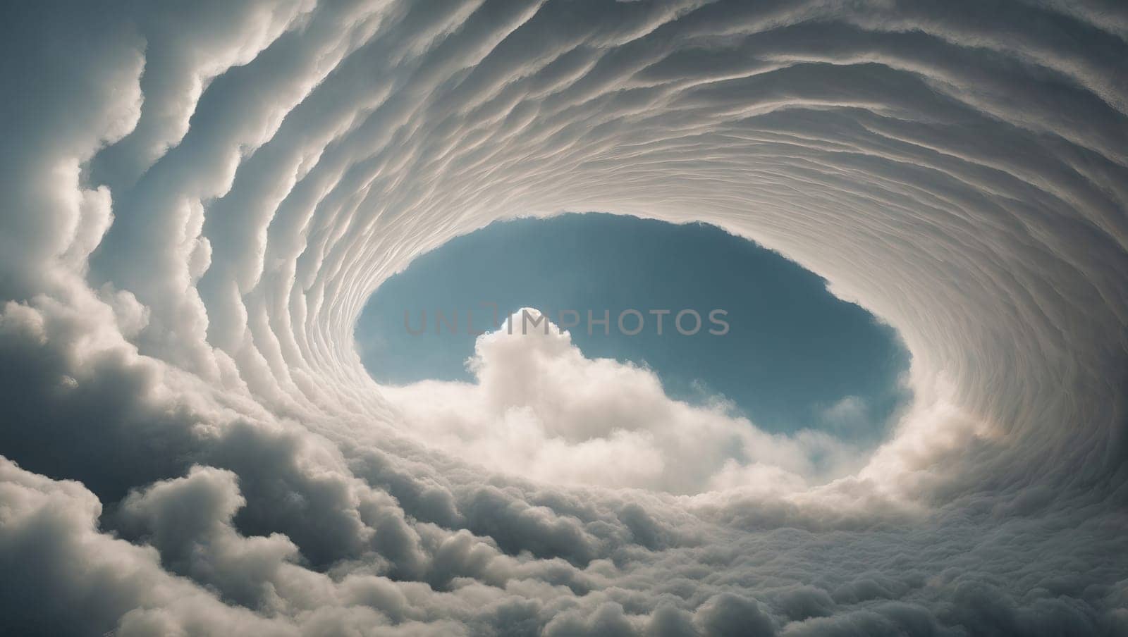 Inside a excessively long spiral tunnel of clouds. AI generated