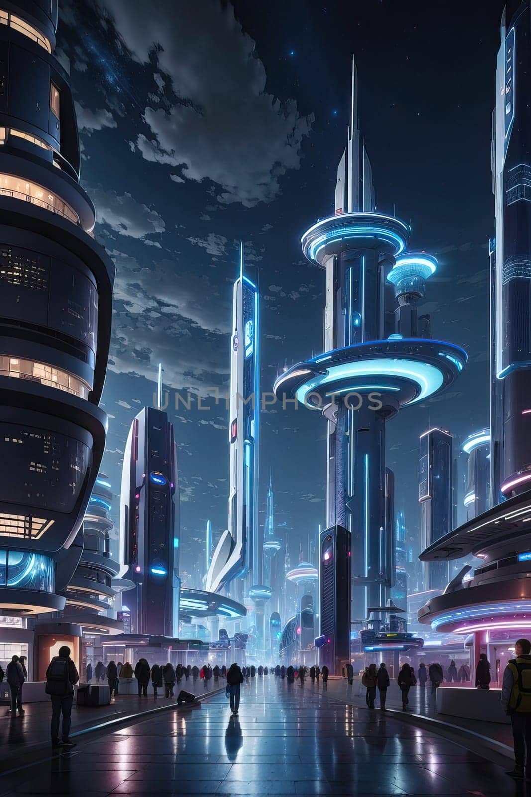 Futuristic night neon city by applesstock