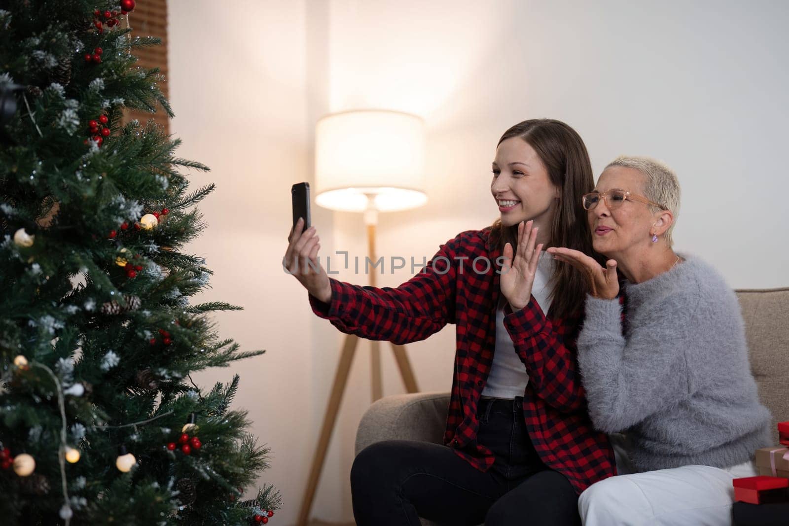 Cheerful daughter and mother celebrating christmas at home and with friend and family through a video call by nateemee