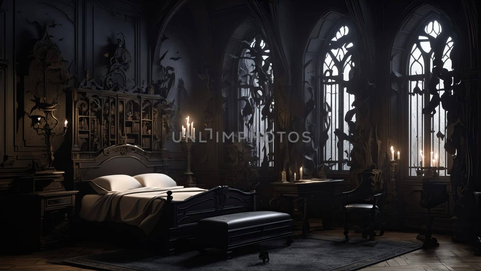 Dark gothic bedroom. AI generated