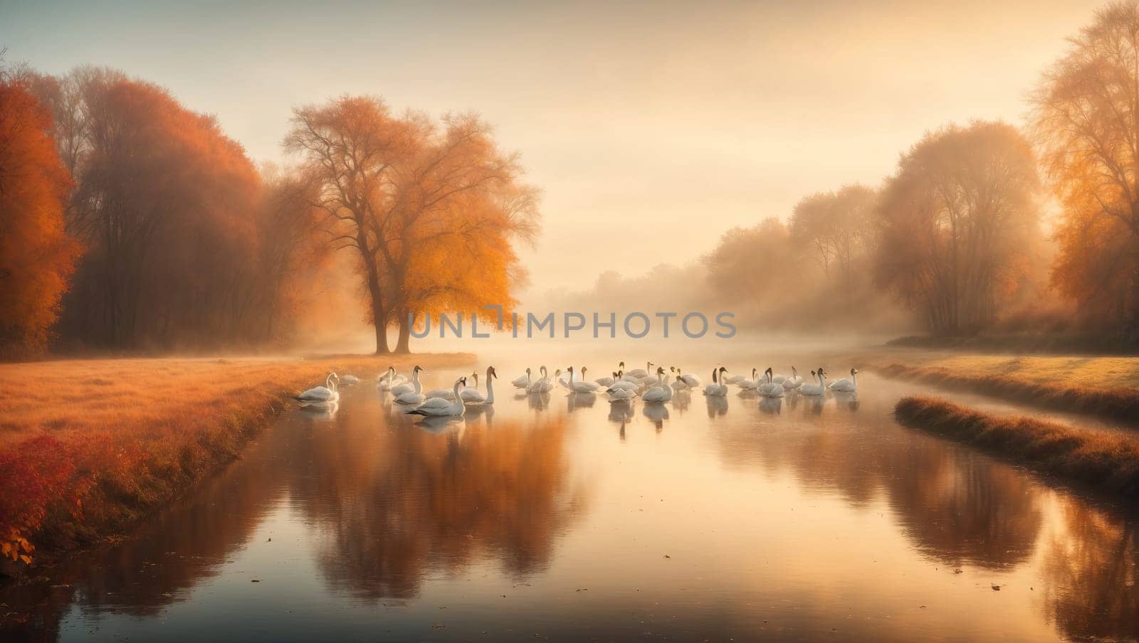 Swans on a pond in the autumn forest by applesstock