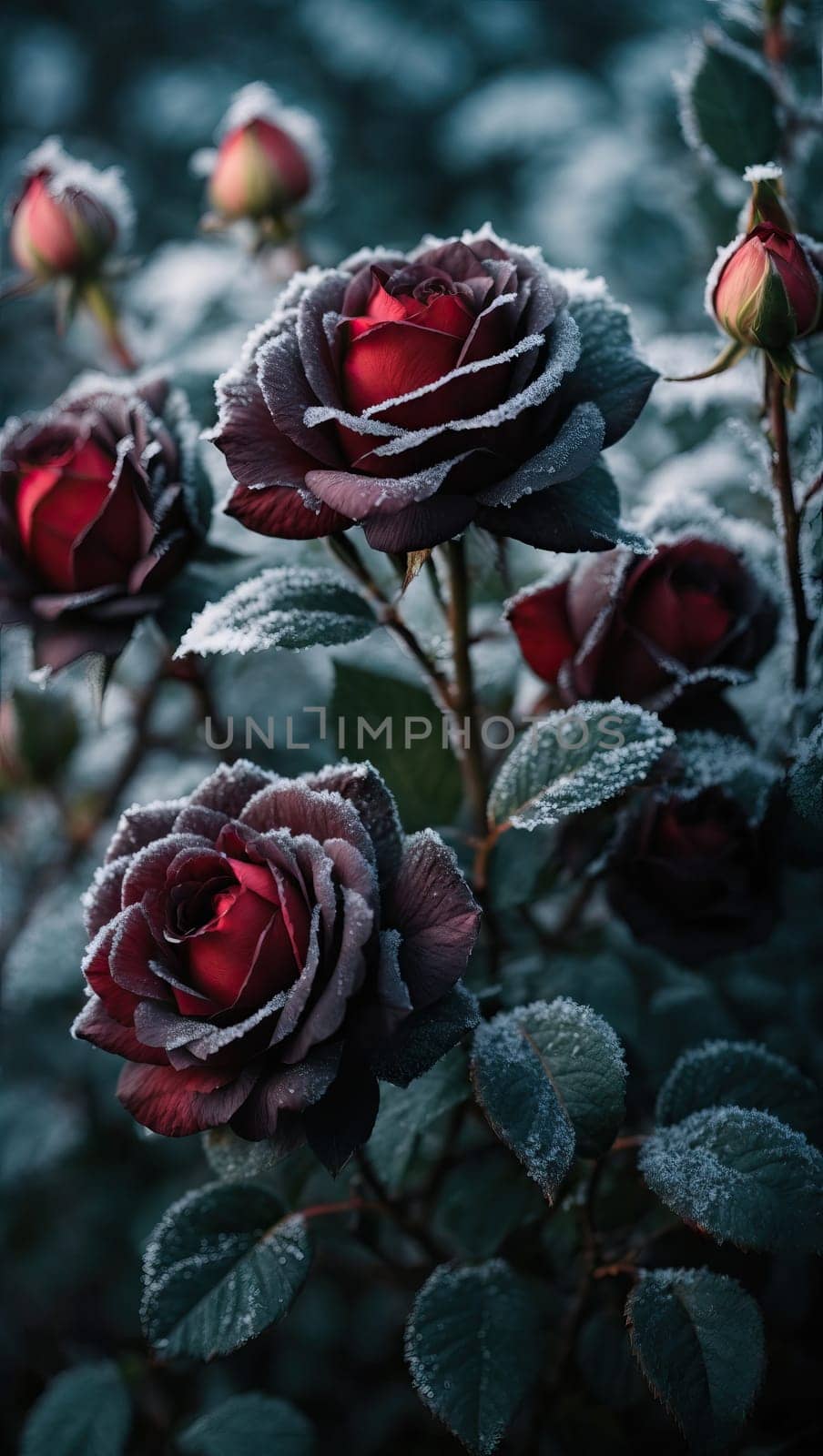 Frozen red roses, Real photo, AI generated