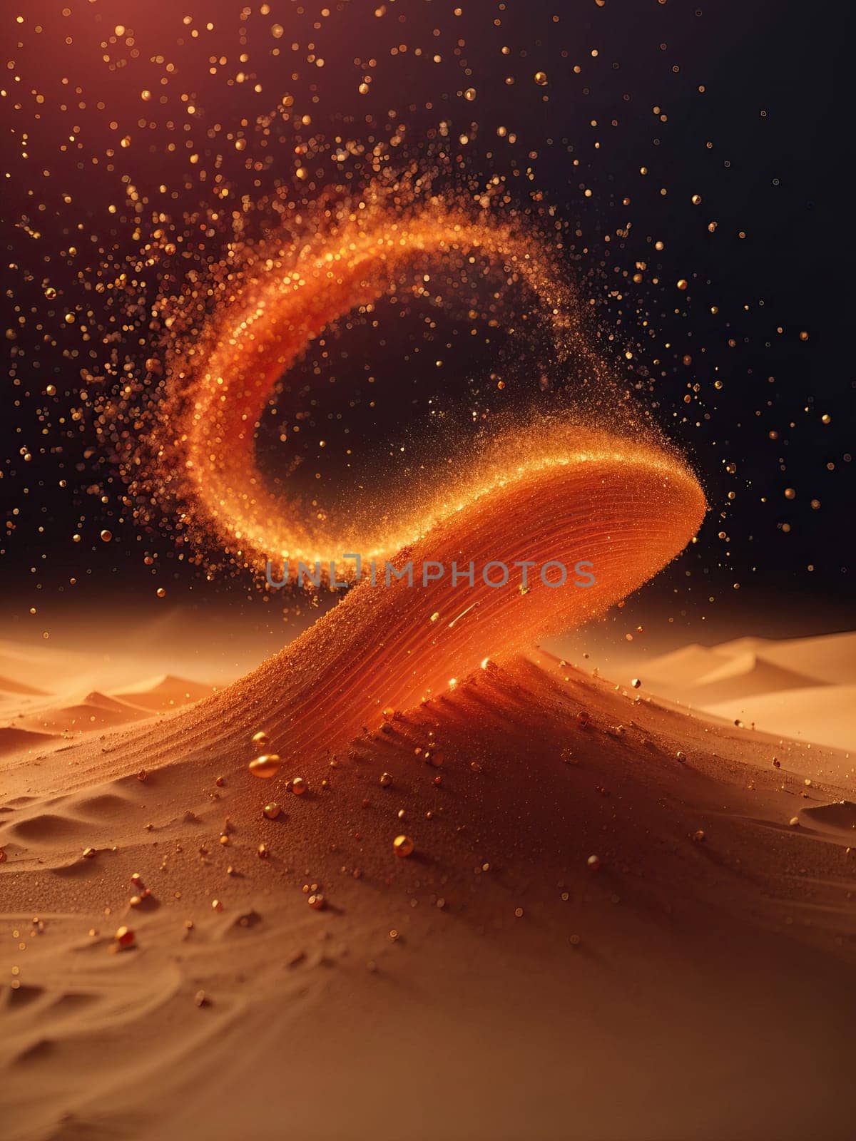 Pointillistic glowing particles collide with sand by applesstock